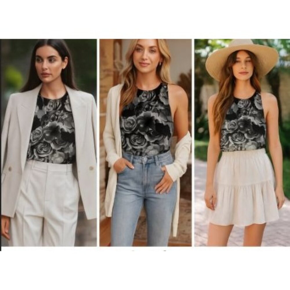 Kenar Womens BlackWhite Large Top 100% Silk  Sheercore BohoChic Office Business